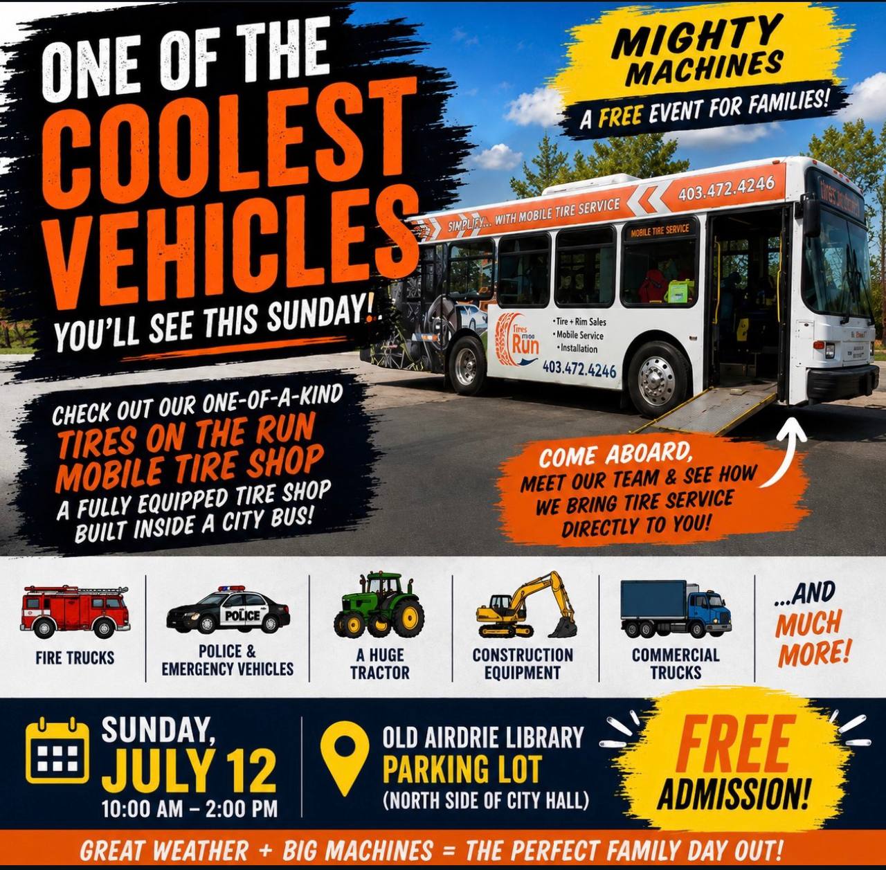 Mighty Machines poster for the free family event in Airdrie showing featured vehicles and event details